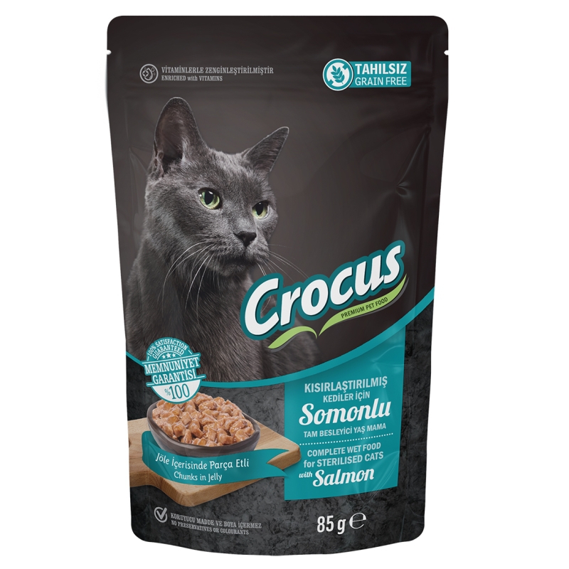 Crocus Tahılsız Kısırlaştırılmış Kedi Somonlupouch Jöleli Yaş Mama 85 Gr