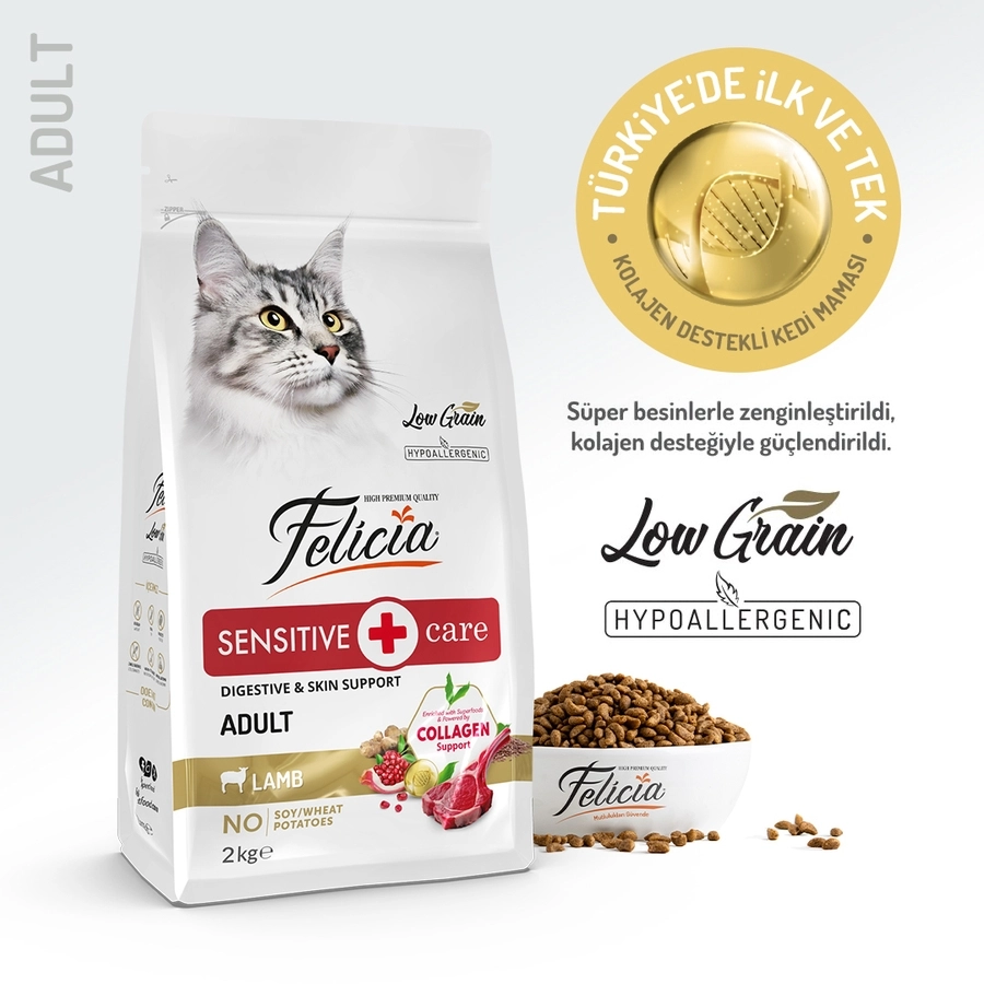 Felicia 2 Kg Kolajenli Kuzulu Az Tahıllı Yetişkin Kedi Maması Hypo Allergenic Kedi Maması