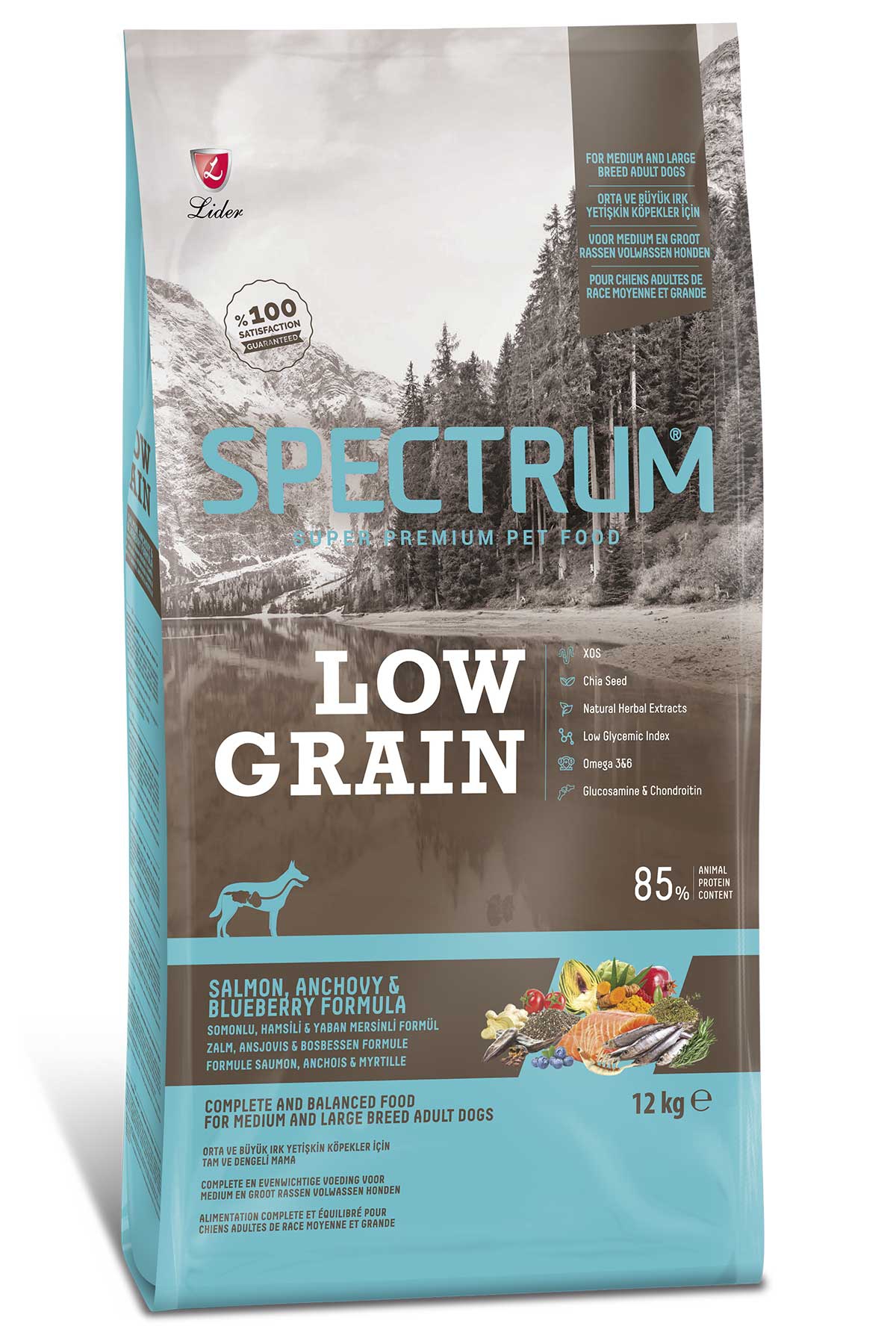Spectrum Düşük Tahıllı Somonlu, Hamsili, Yaban Mersinli Orta ve Büyük Irk Yetişkin Köpek Maması 12kg