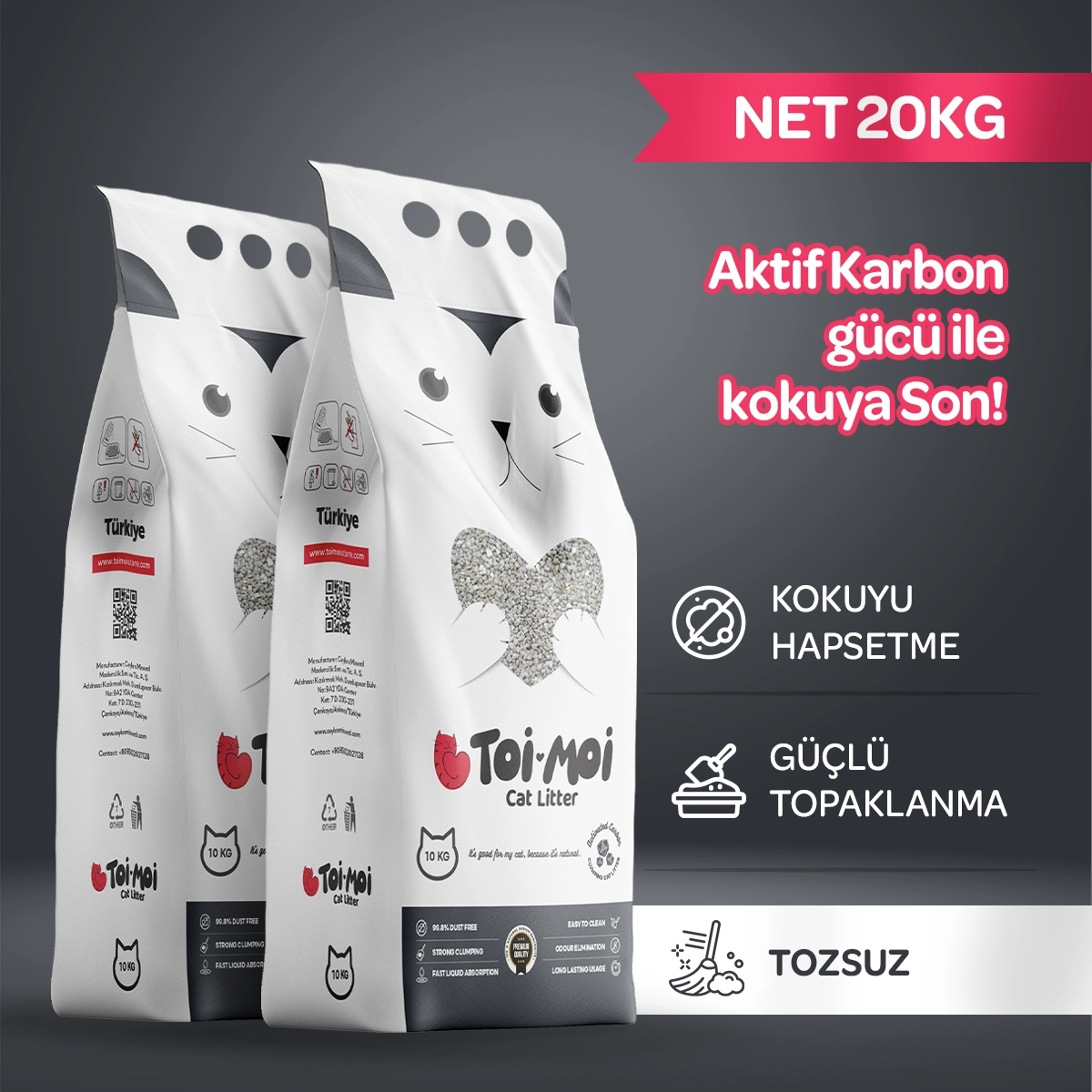 Toi Moi Aktif Karbonlu 10 lt 2’li Bentonit Kedi Kumu